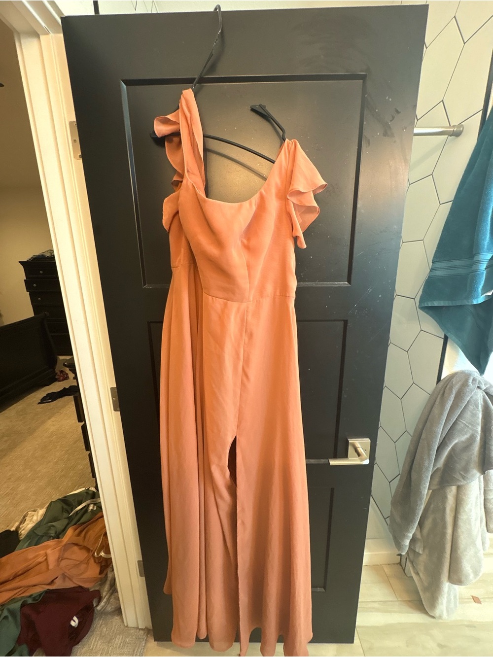 Azazie Ruffle-Sleeve Maxi Jumpsuit in Dusty Coral